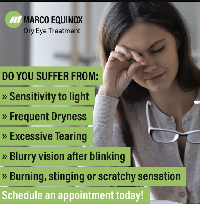 Marco equinox dry eye treatment infographic. Call us to schedule.